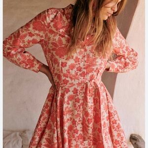 Sezane Coral Floral Long Sleeve Dress
